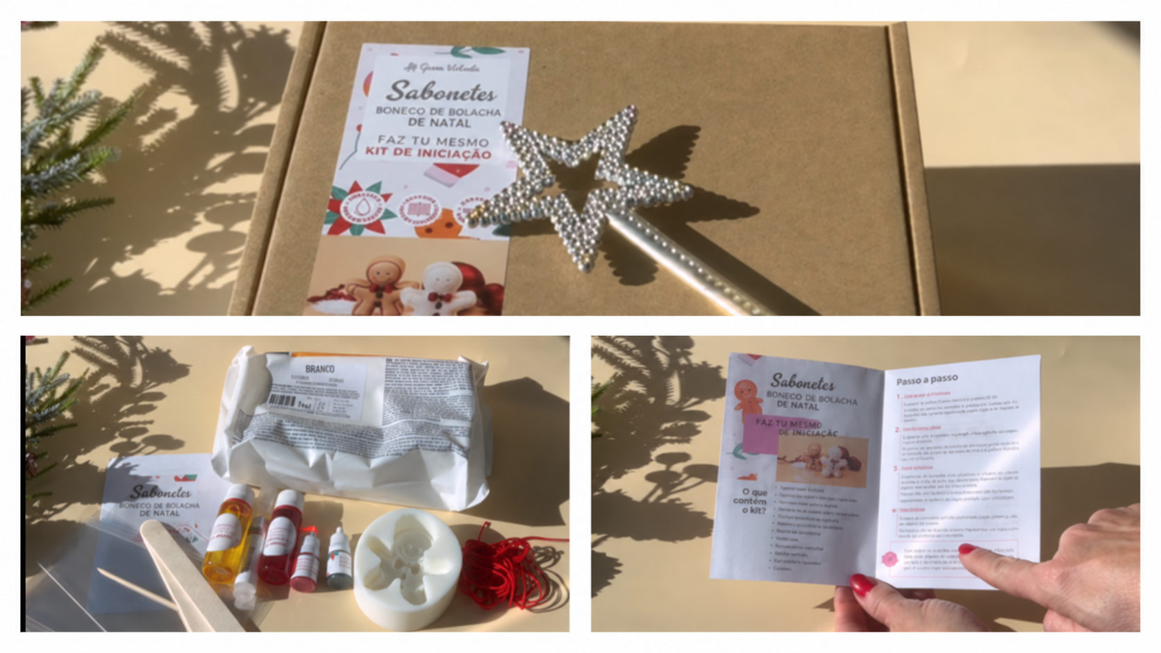 Conteúdo do kit de sabonetes de boneco de bolacha e instruções