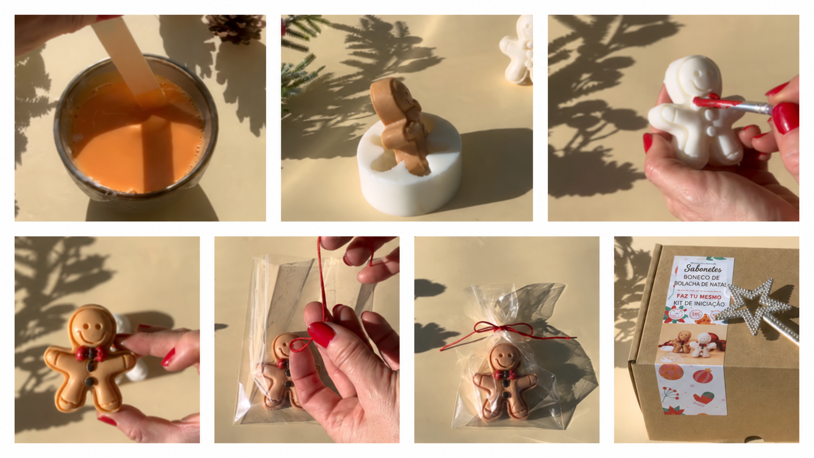 Boneco de sabonete cor de caramelo, pintura do laço e apresentação com cordão e guizo