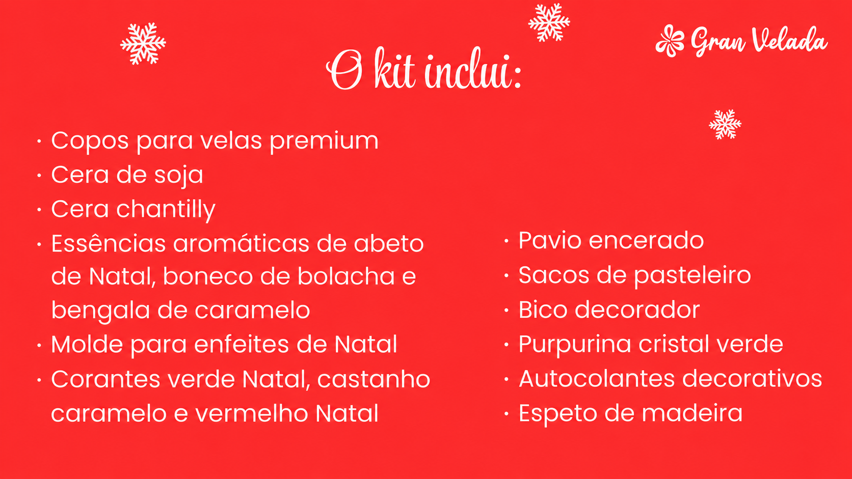 Conteúdo completo do kit de velas de Natal com chantilly