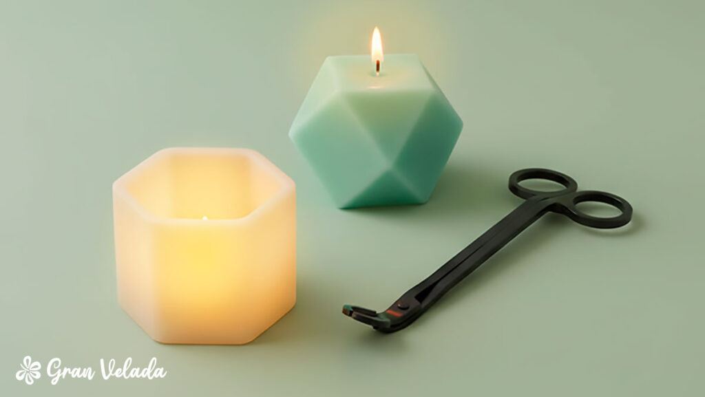 Uma vela geométrica verde acesa ao lado de uma vela branca e uma tesoura preta pro para cortar pavios.