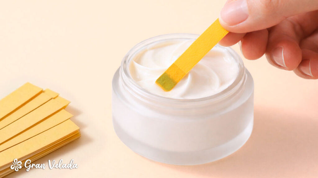 Uma mão segura uma tira de papel indicador de pH amarela após testar a acidez de um creme cosmético num frasco de vidro.