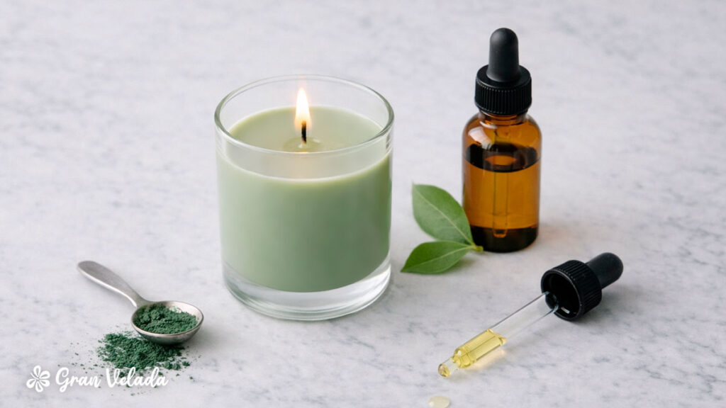 Pó corante de cor verde numa colher, gotas de essência aromática e uma vela verde acesa.