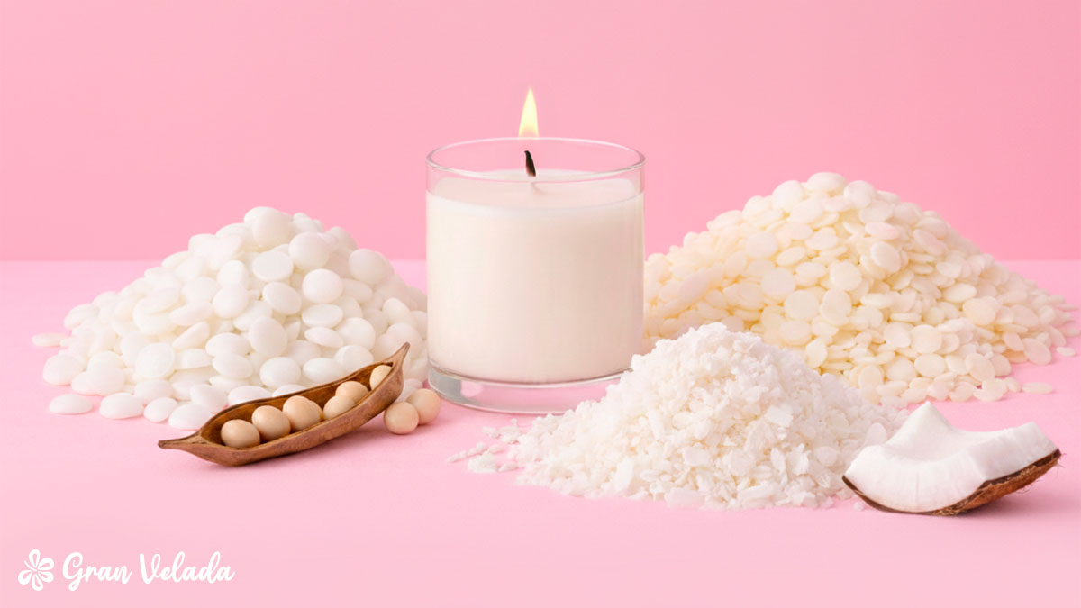 Diferentes tipos de ceras específicas para recipientes: soja em vagens e grãos, cera de coco e uma vela branca terminada num copo de vidro no centro.