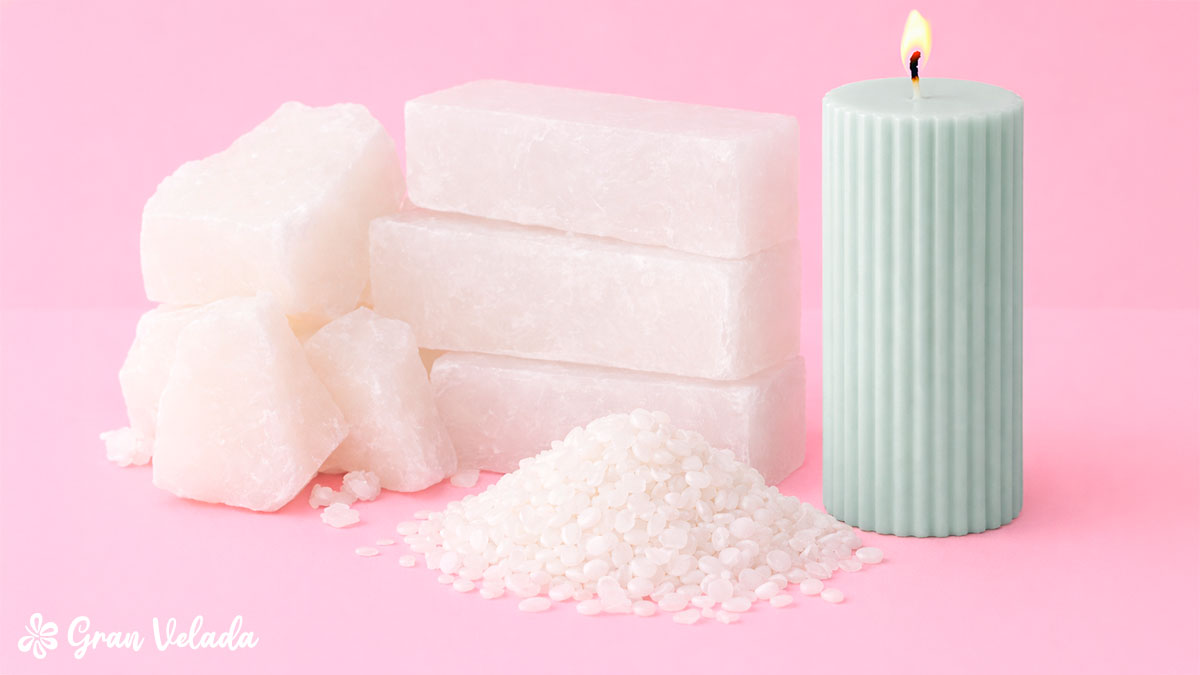 Ceras de maior dureza para desmoldar: blocos de parafina branca, cera granulada e uma vela cilíndrica verde menta que mantém perfeitamente a sua forma.