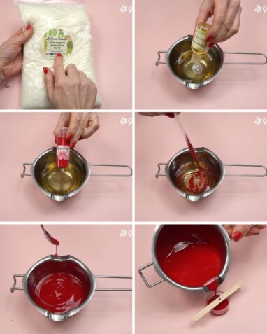 Processo de derreter a cera, adicionar corante vermelho e vertê-la no recipiente para fazer uma vela artesanal.