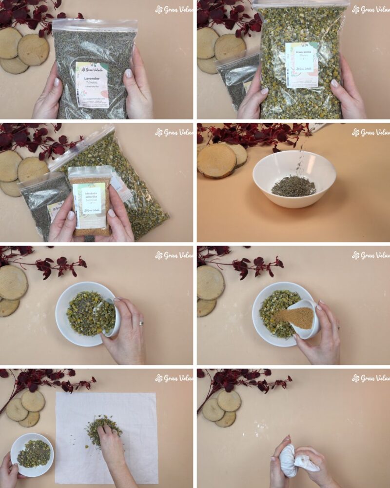 Processo de preparação da mistura de ervas para pindas de massagem, mostrando as plantas secas, a sua mistura numa taça e o enchimento do tecido.