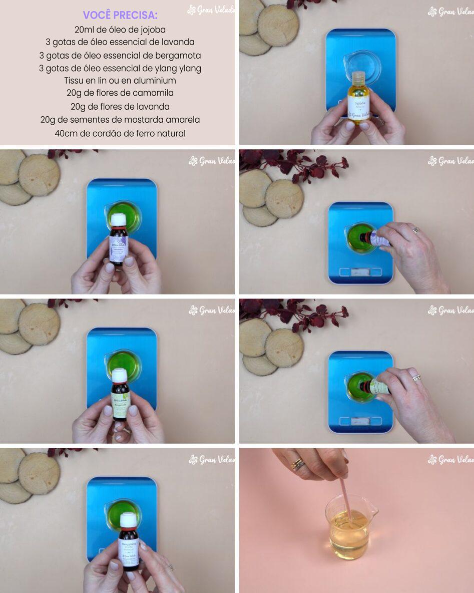 Proceso de preparación del aceite de masaje aromático para pindas relajantes, con los ingredientes, medición de aceites esenciales y mezcla en recipiente.
