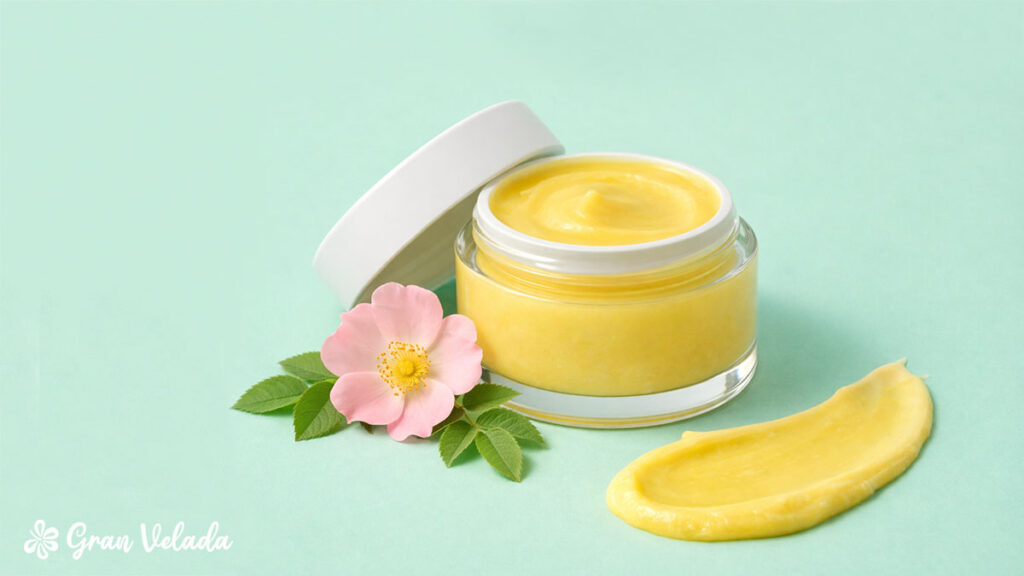 Creme para pele muito agredida, de cor amarela num frasco de vidro, acompanhado por uma flor rosa.