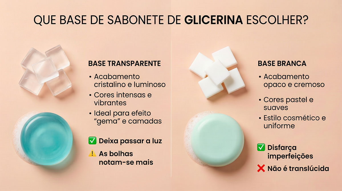 Infográfico comparando a base de sabonete de glicerina transparente e a branca.