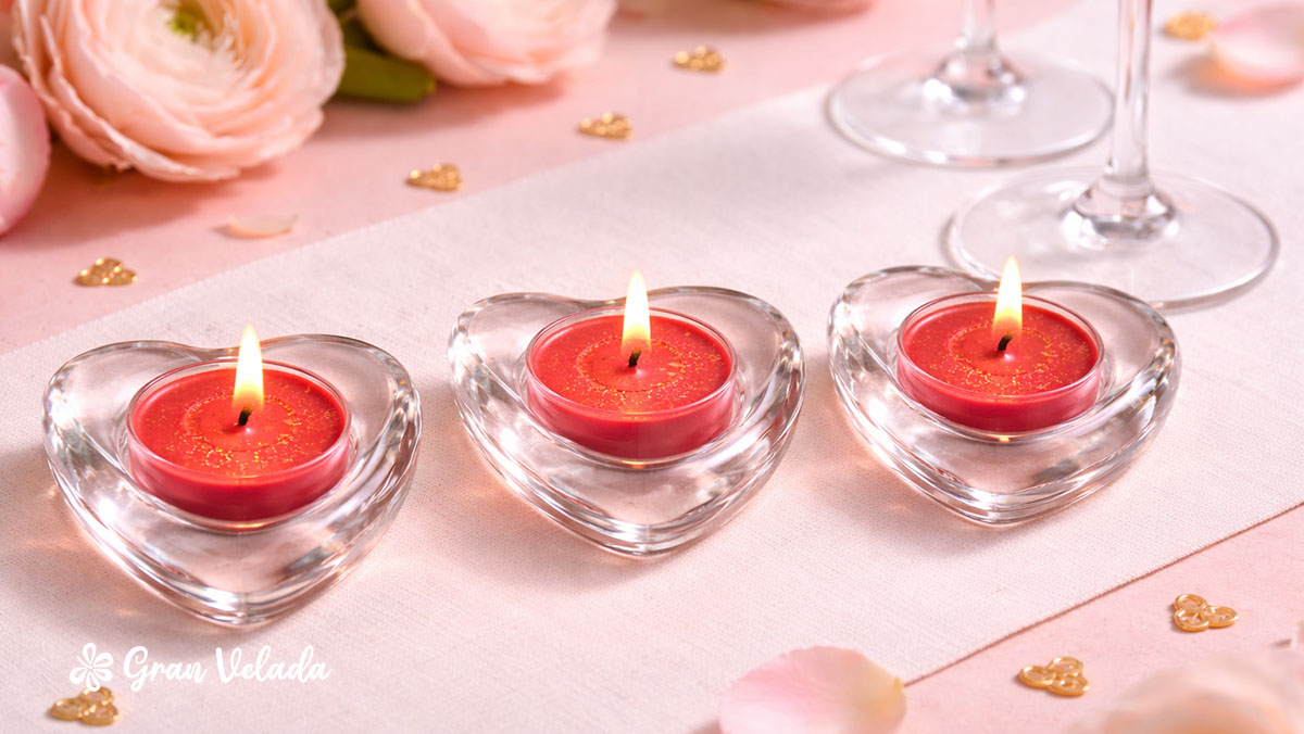 Três velas de chá vermelhas em recipiente de vidro com forma de coração e purpurina em tom dourado.