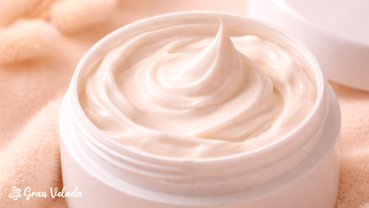diferencia entre crema locion y leche corporal 3 Pote de creme branco em cima de uma manta em tons rosados.