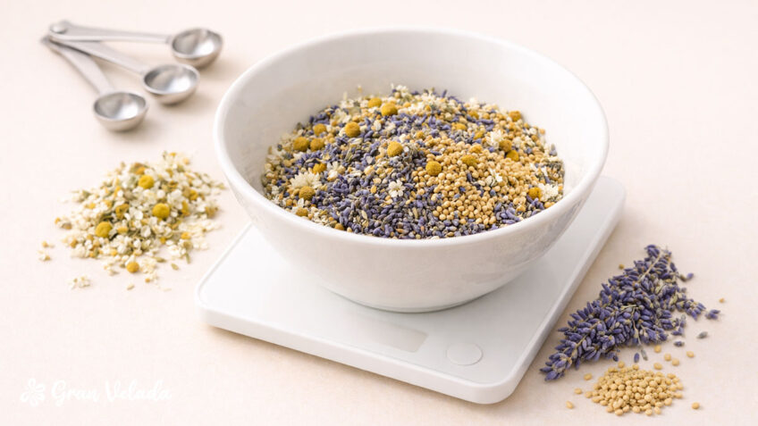 Mistura de flores secas de camomila, alfazema e sementes de mostarda pesadas numa taça sobre uma balança, para elaborar pindas de massagem relaxantes.