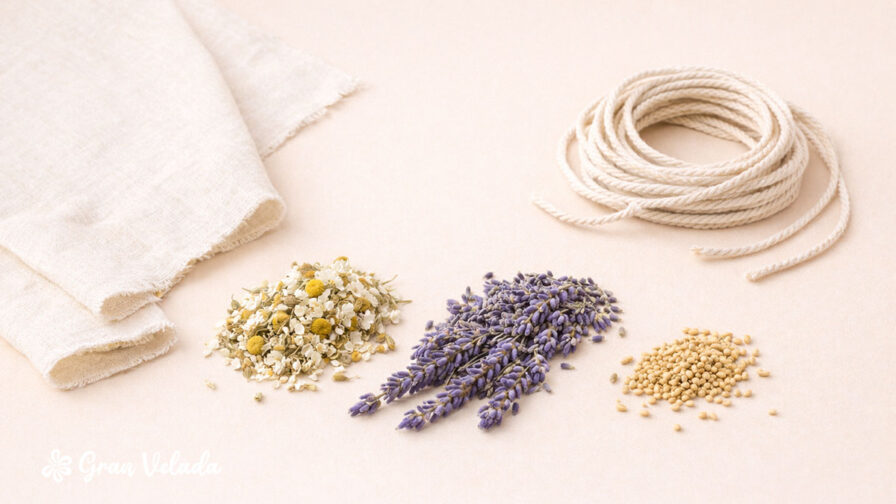 Materiais e ingredientes para fazer pindas de massagem relaxantes: tecido de algodão, cordão, flores secas de camomila, alfazema e sementes de mostarda.
