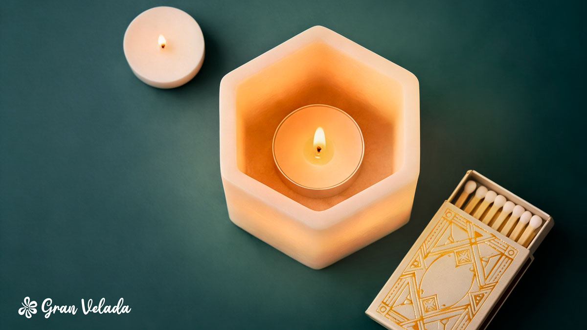 Vista de cima: uma vela fanal, com uma caixa de fósforos e uma vela "tealight" de cada lado.