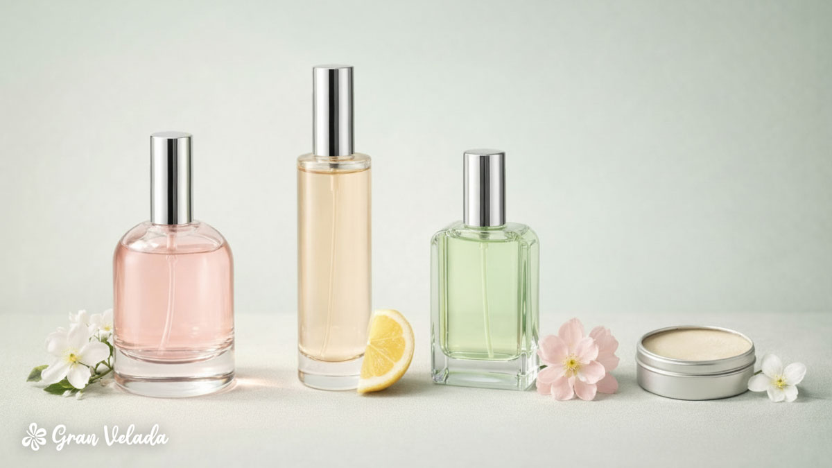 Três pequenos frascos de vidro onde se distinguem a colónia, a água de colónia e o perfume. Ao lado, uma embalagem de perfume sólido.