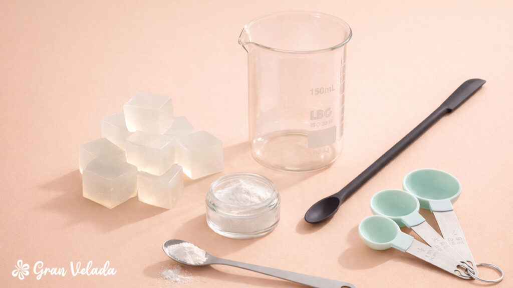 Utensílios necessários para fazer o sabonete, incluindo também os ingredientes.