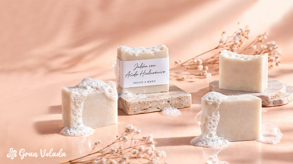 Sabonetes com ácido hialurónico. Alguns apresentam espuma.