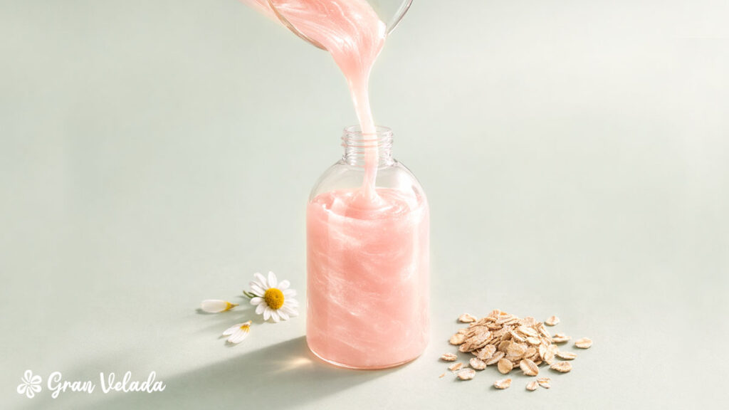 Frasco de sabonete facial dermoprotetor com perolizante líquido cor-de-rosa.