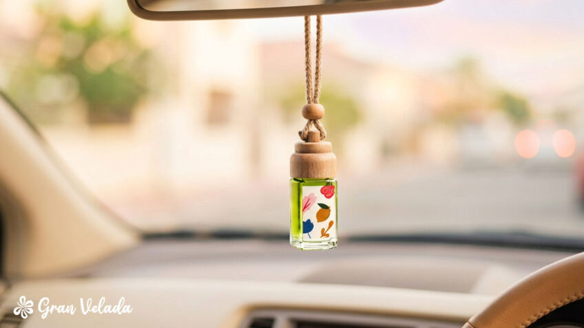 É um frasco pequeno, com tampa de madeira e um autocolante com motivos frutados.