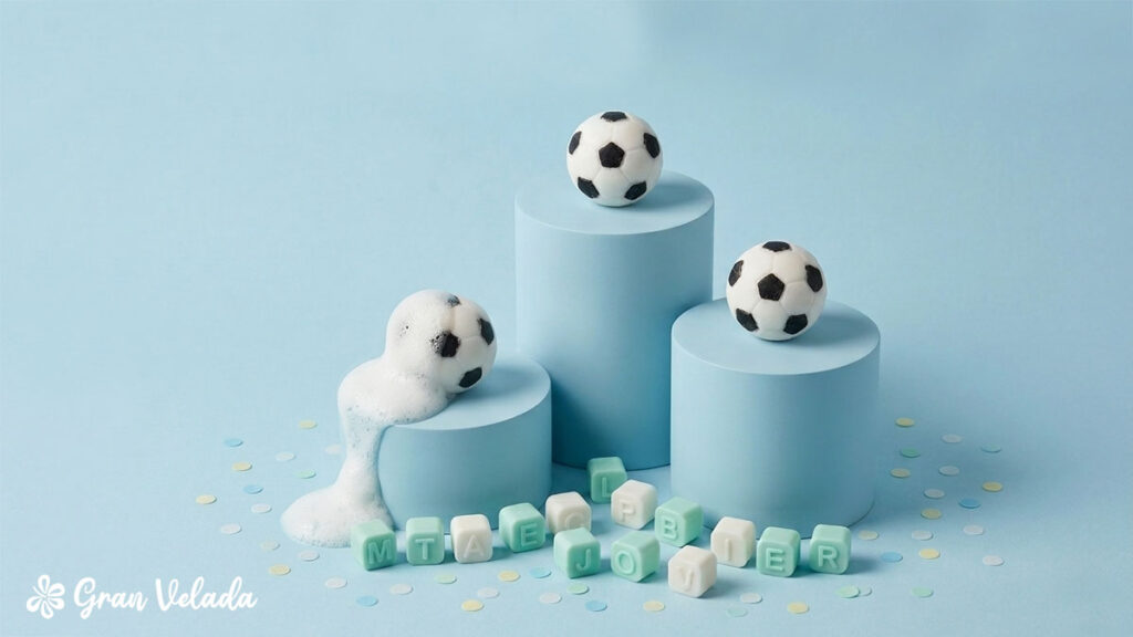 Três bolas de futebol de sabão, uma delas com espuma, e letras em baixo nas cores branco e verde menta.