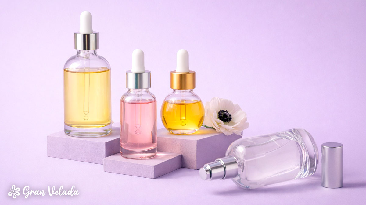 Frascos com essências aromáticas e frasco pulverizador para elaborar perfume caseiro com materiais DIY.