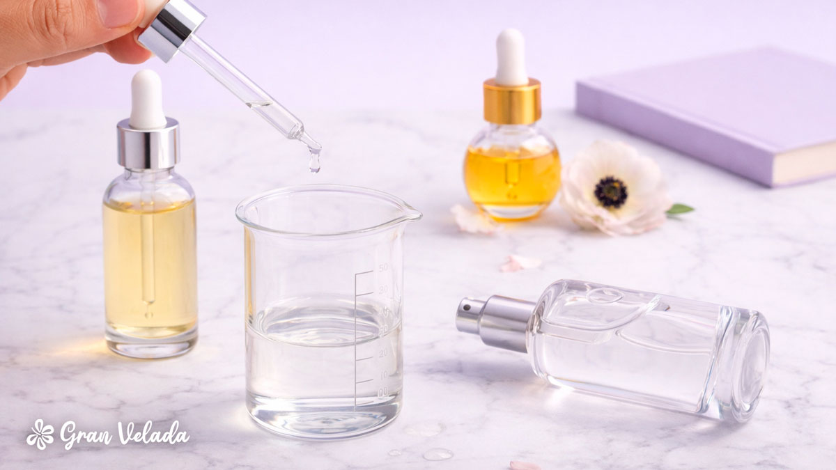 Adicionar a essência aromática com um conta-gotas ao copo medidor para preparar o perfume caseiro passo a passo.