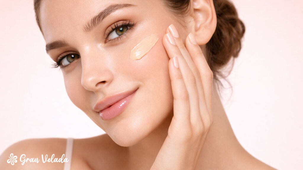 A modelo está a aplicar o BB cream num tom claro.