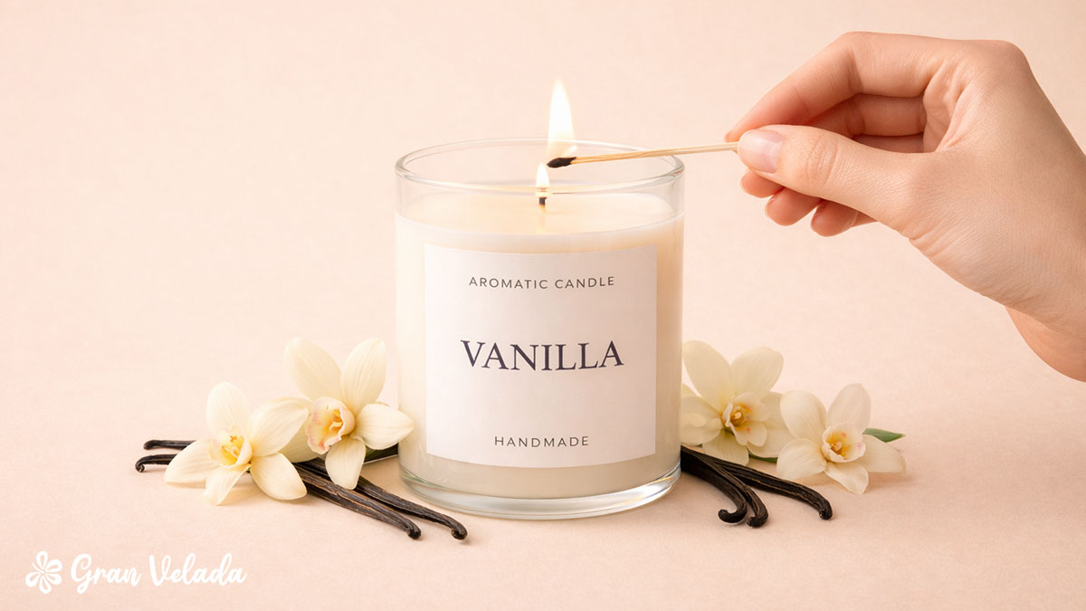 Acendendo uma vela aromática com cheiro a baunilha.
