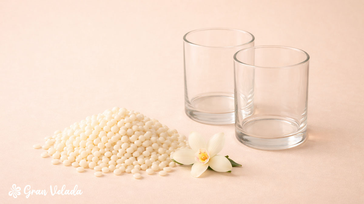 Pérolas de cera de soja junto a uma flor de baunilha e dois copos de vidro.