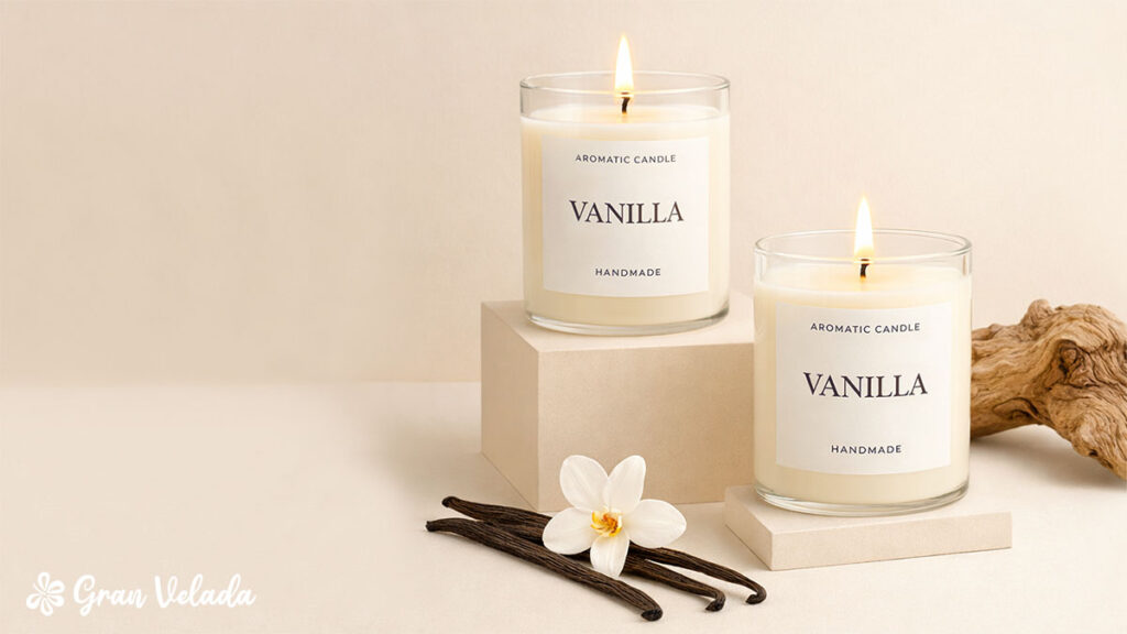Duas velas feitas com cera de soja, de cor branca e com aroma de baunilha.