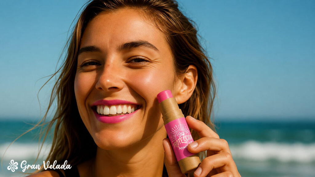 Uma mulher sorridente na praia segura um protetor solar mineral em barra de cor rosa junto à sua bochecha.