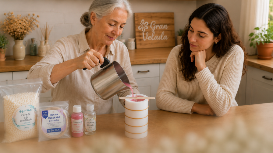 Uma mulher mais velha e uma mulher jovem a fazer velas com moldes. Na mesa está tudo o que é necessário para fazer as velas.