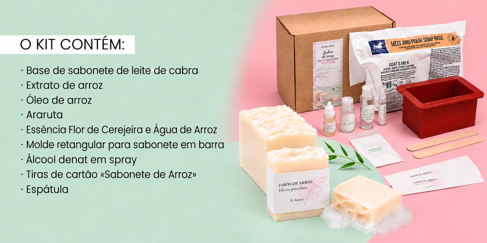 Ingredientes e fotografia do kit de sabonete de arroz efeito porcelana K-Beauty