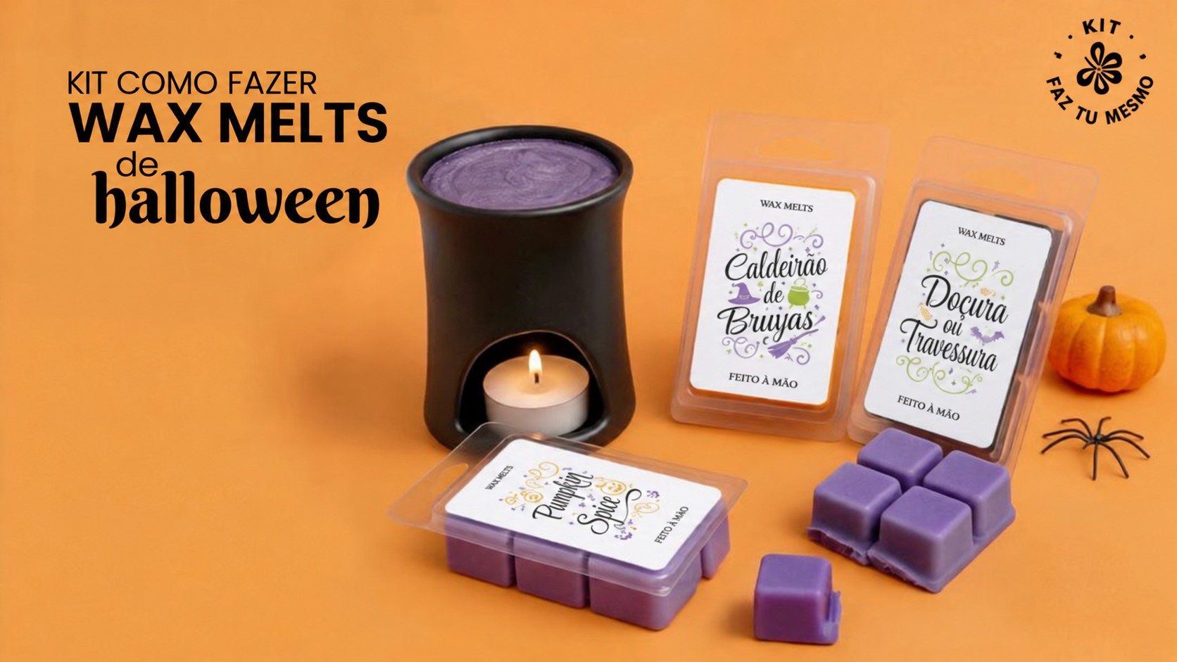 Kit como fazer wax melts de Halloween: três tabletes perfumadas e queimador