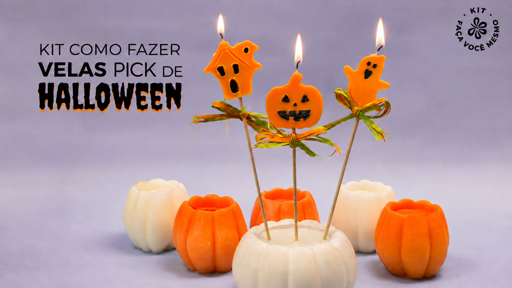 Velas pick de Halloween em forma de abóbora, fantasma e casa assombrada feitas com o kit da Gran Velada