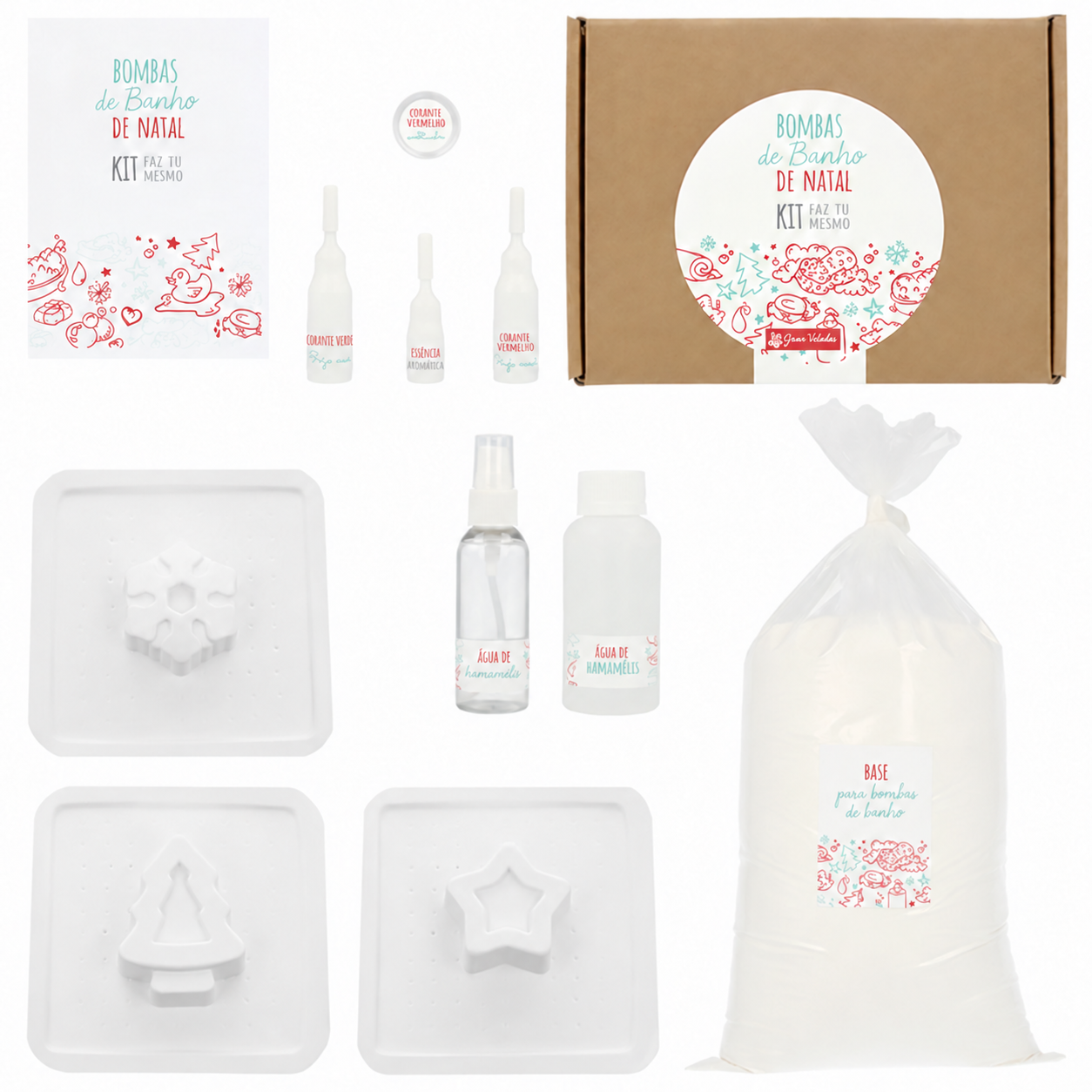 Materiais do kit de bombas de banho de Natal, com moldes e pulverizador