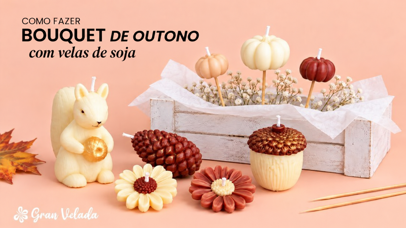 Bouquet de outono com velas de soja, esquilo, pinhas, bolotas e margaridas