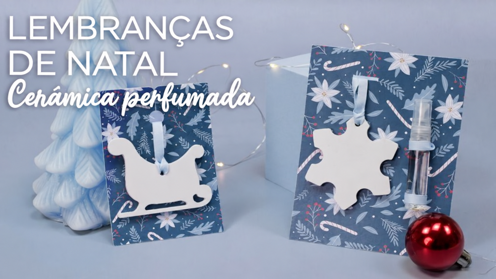 Floco de neve e trenó de Natal em cerâmica perfumada, com cartões e mini spray