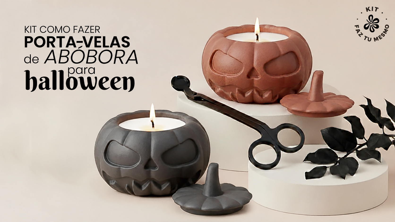 Kit de porta-velas de abóbora para Halloween em cimento terracota e preto
