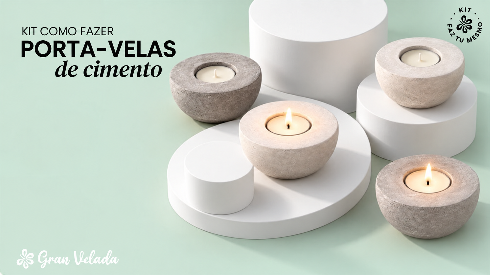 Kit para fazer porta-velas de cimento branco e cinzento com velas de chá