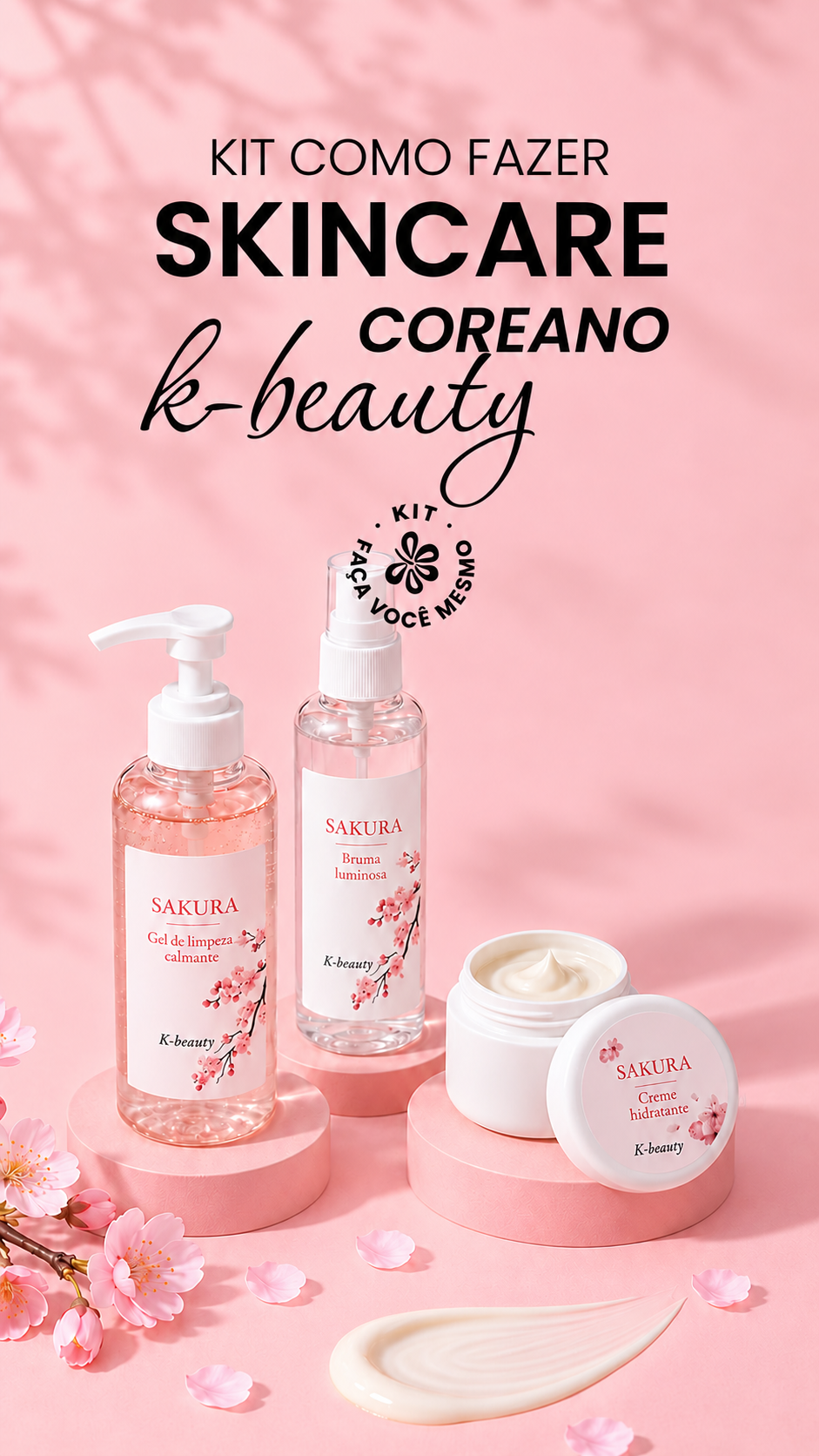 Quatro cosméticos do kit Sakura de skincare coreano