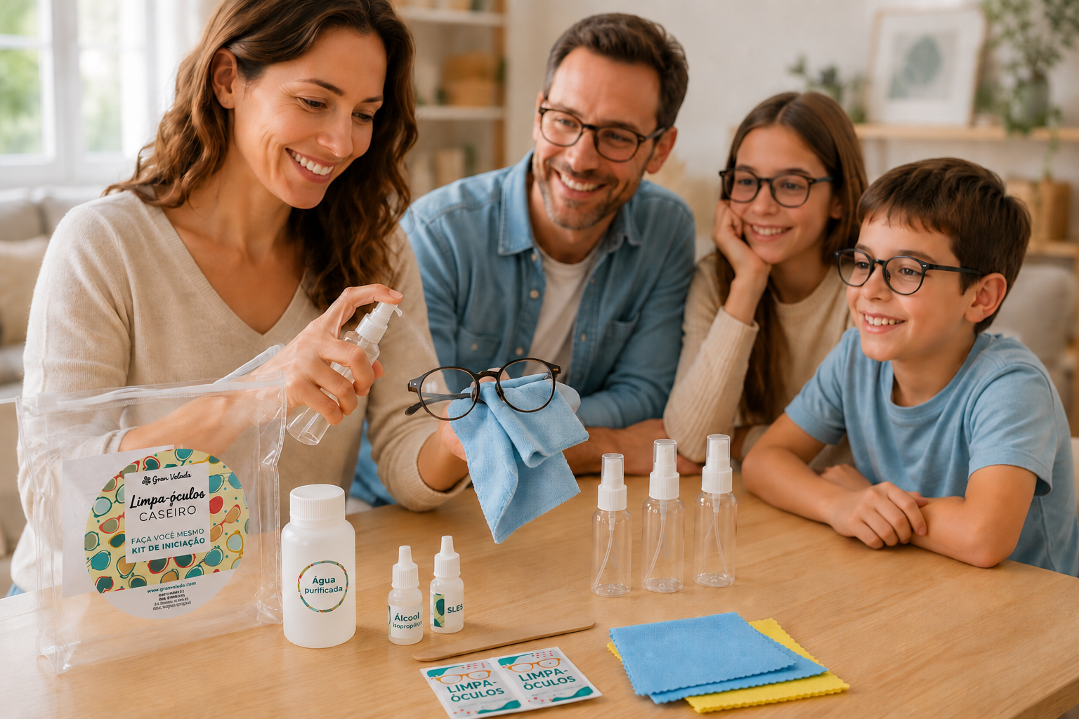 Apresentação do conjunto para preparar líquido limpa-óculos