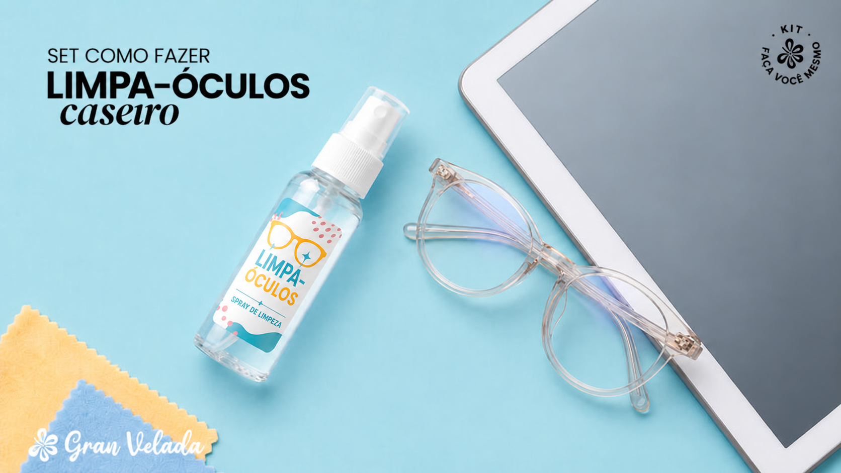 Kit para fazer líquido limpa-óculos caseiro com spray, óculos e pano de limpeza