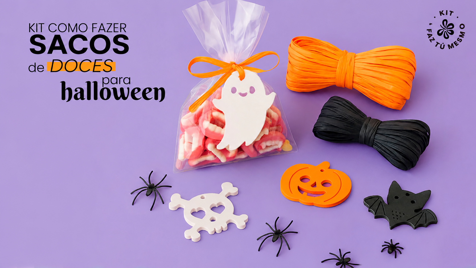 Kit de sacos de doces para Halloween com pendentes de gesso e fitas de ráfia