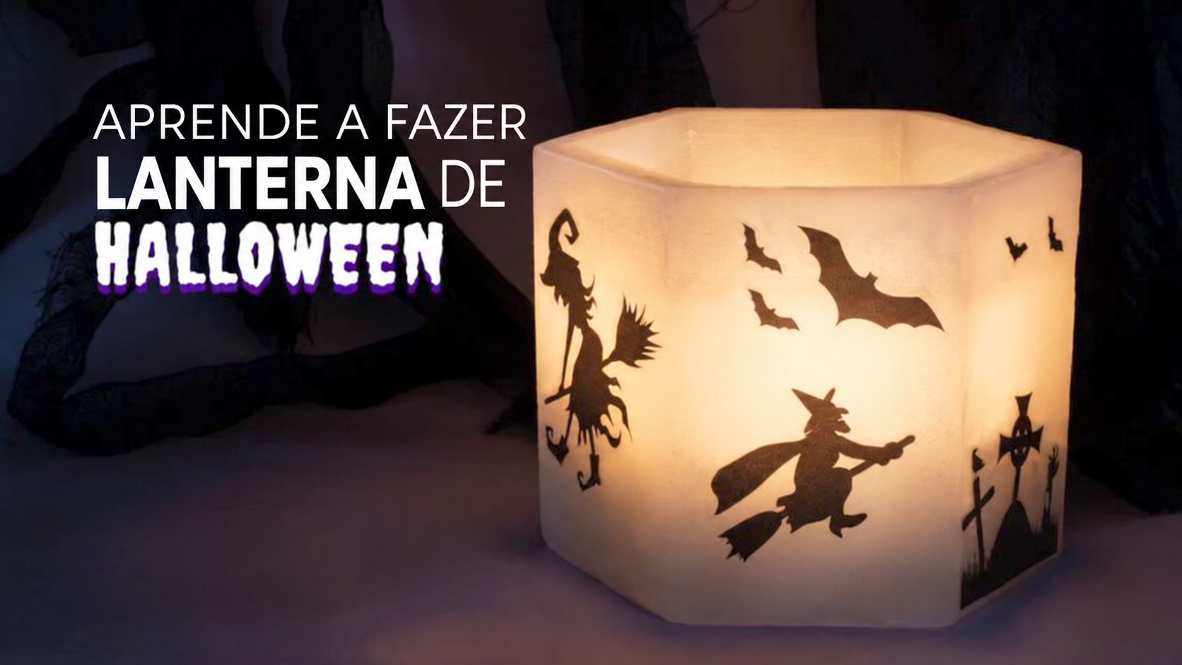 Lanterna hexagonal de parafina para Halloween com bruxas e morcegos