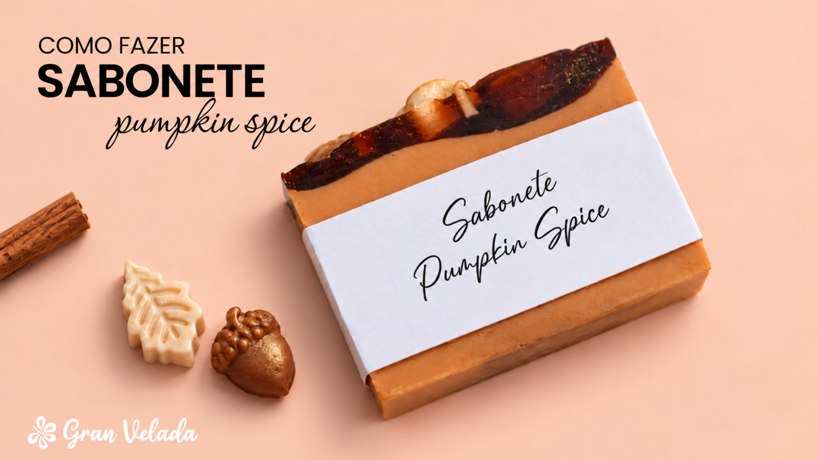 Sabonete Pumpkin Spice com cobertura caramelo, figuras de outono e cinta em português