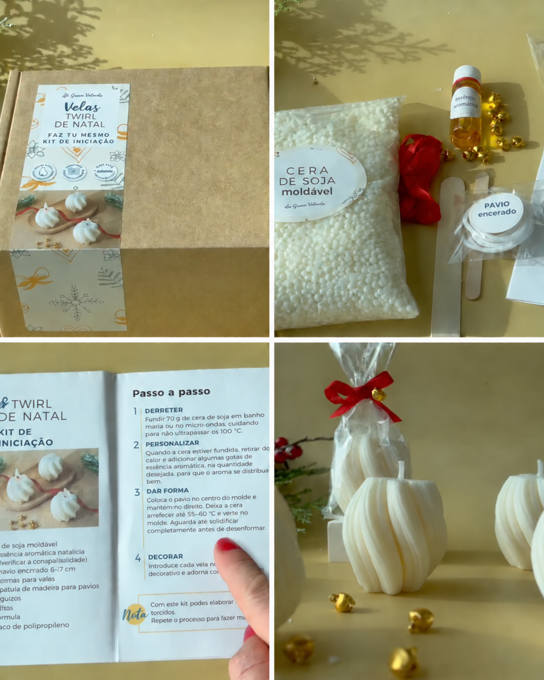 Caixa do kit, materiais, instruções e velas embrulhadas