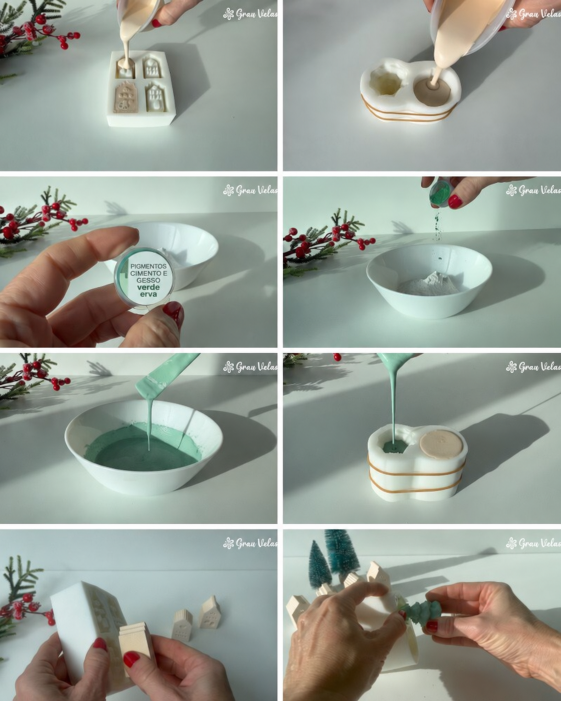 Enchimento dos moldes de casas e Pai Natal, mistura verde, abeto e desmoldagem
