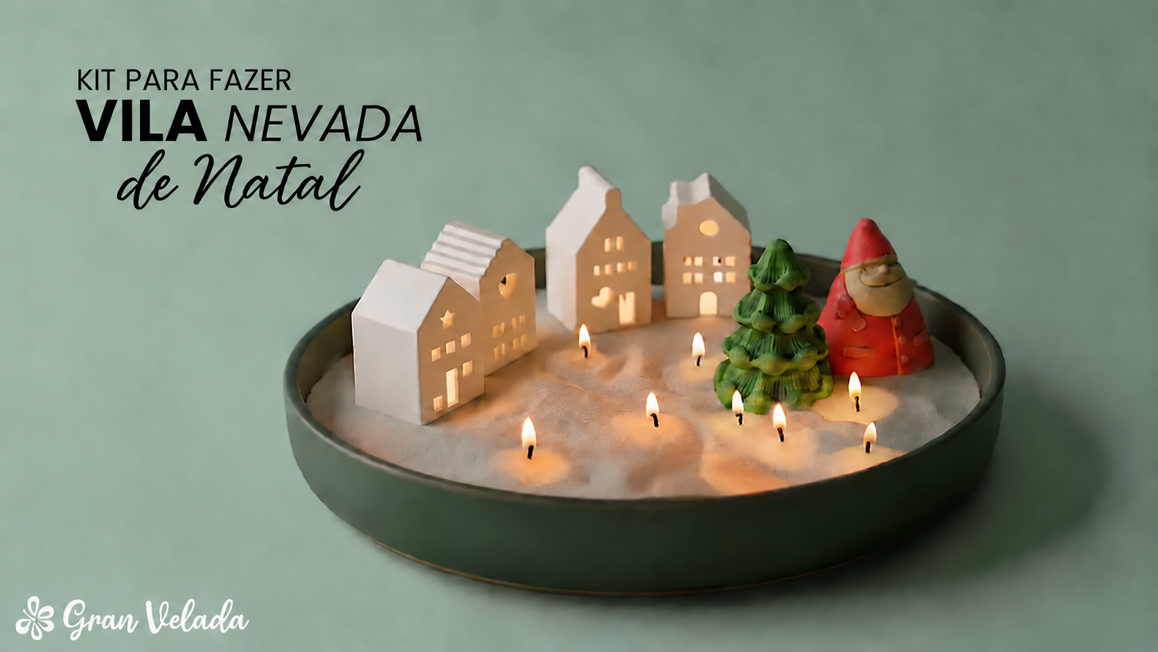Vila de Natal caseira com casinhas de resina, abeto, Pai Natal e cera perolada
