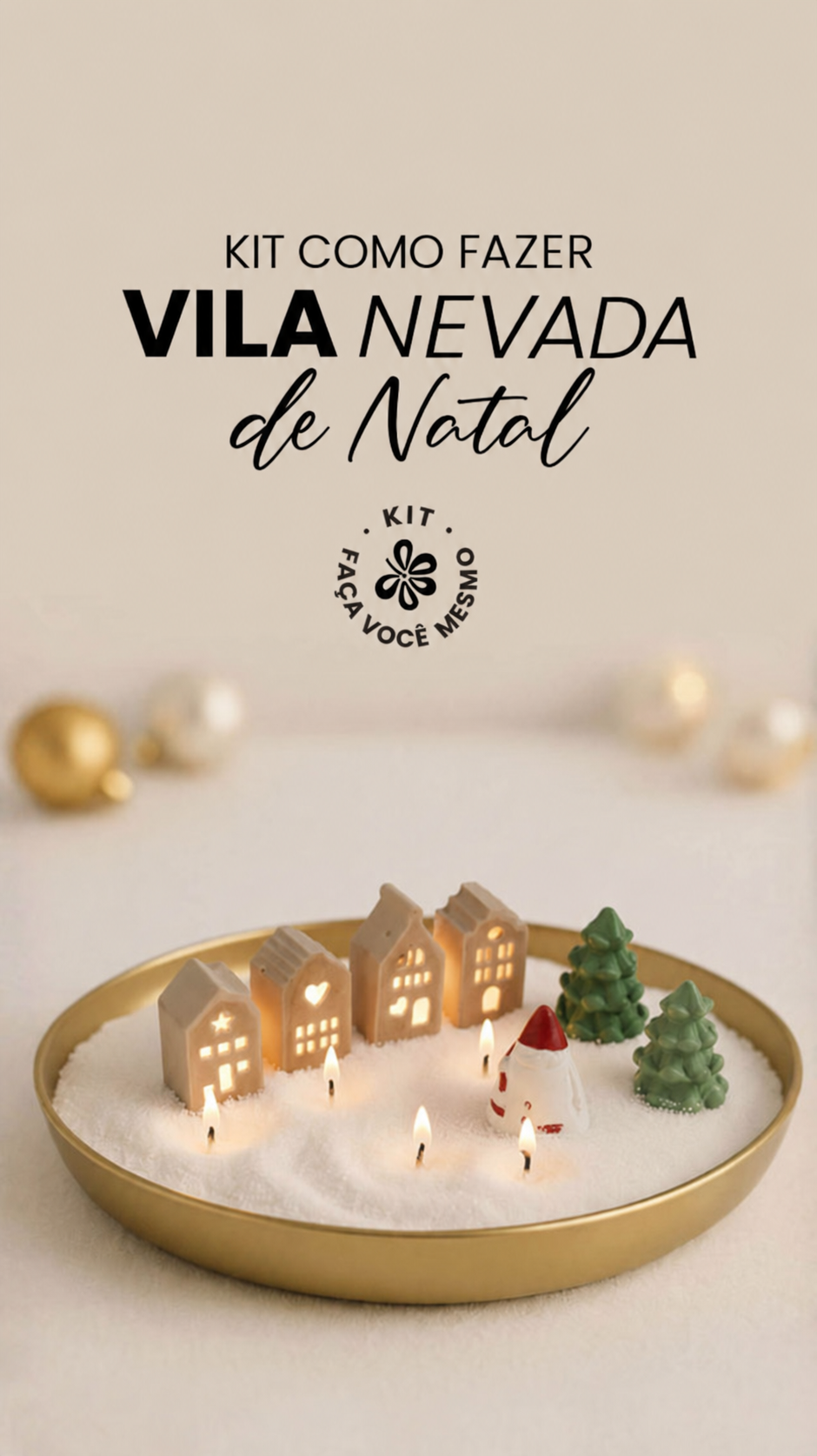 Vista vertical da vila de Natal com figuras de resina e base branca
